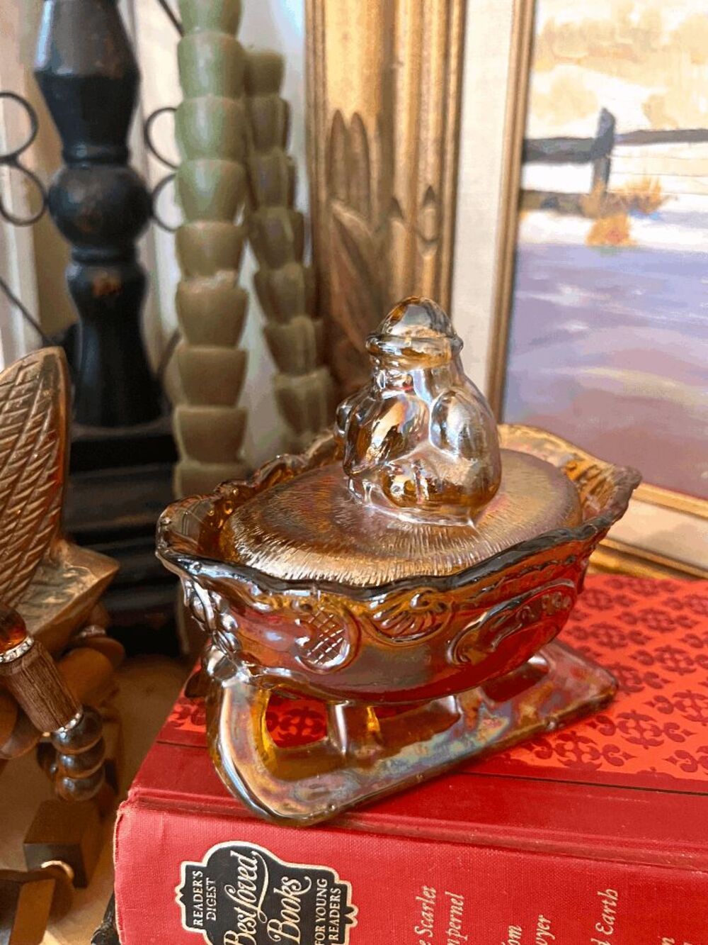 Mosser Amber Carnival Glass Santa Sleigh Covered Candy Dish